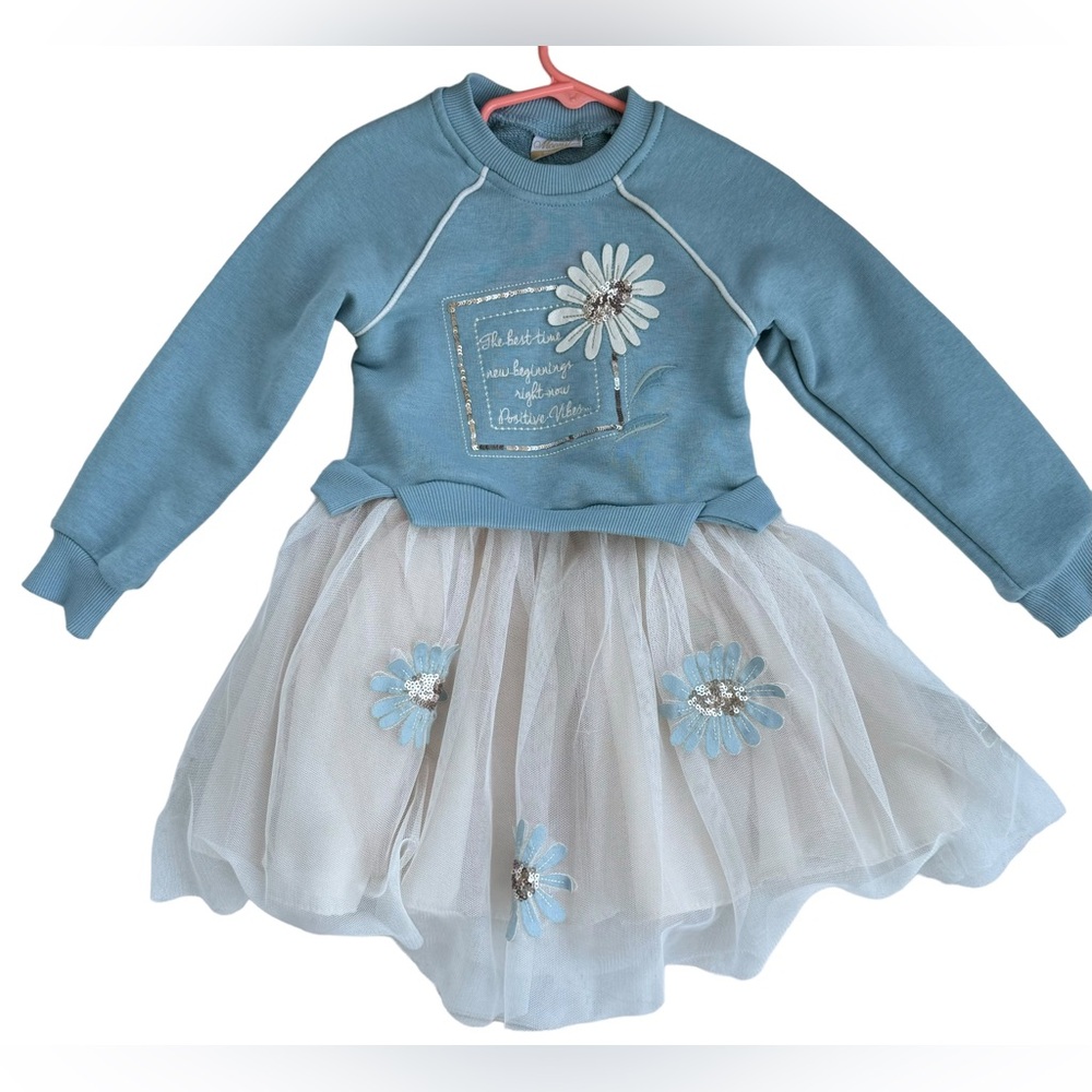 Girls Blue Cotton Sweater Dress with Sheer Off-white Tutu Skirt - 98 cm- 3Yrs